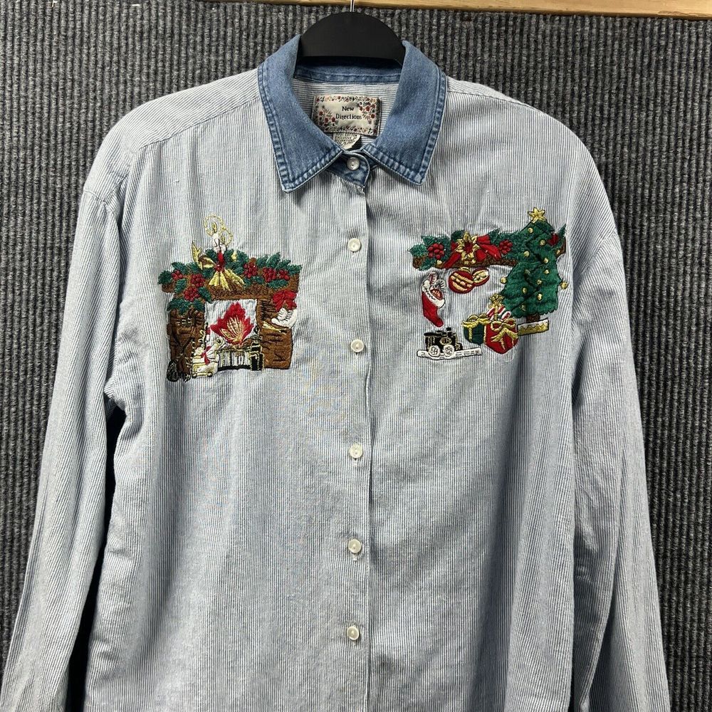 VTG 90’s New Directions Shirt‎ Women Large Blue Stripe Christmas Embroidered Top